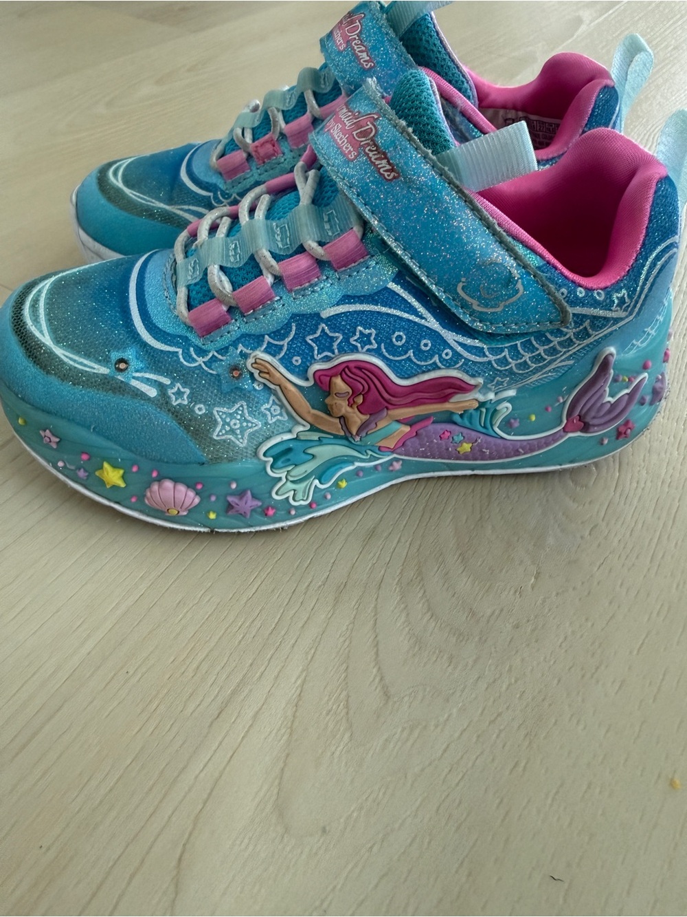 SKECHERS girls size 10.5 Mermaid Dreams Light Up Sneakers Blue Glitter Mesh - Picture 5 of 9